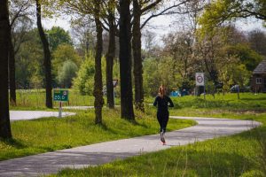 Vrouw loopt hard op een slingerend bospad in het voorjaar, een rustige omgeving voor beginnende hardlopers